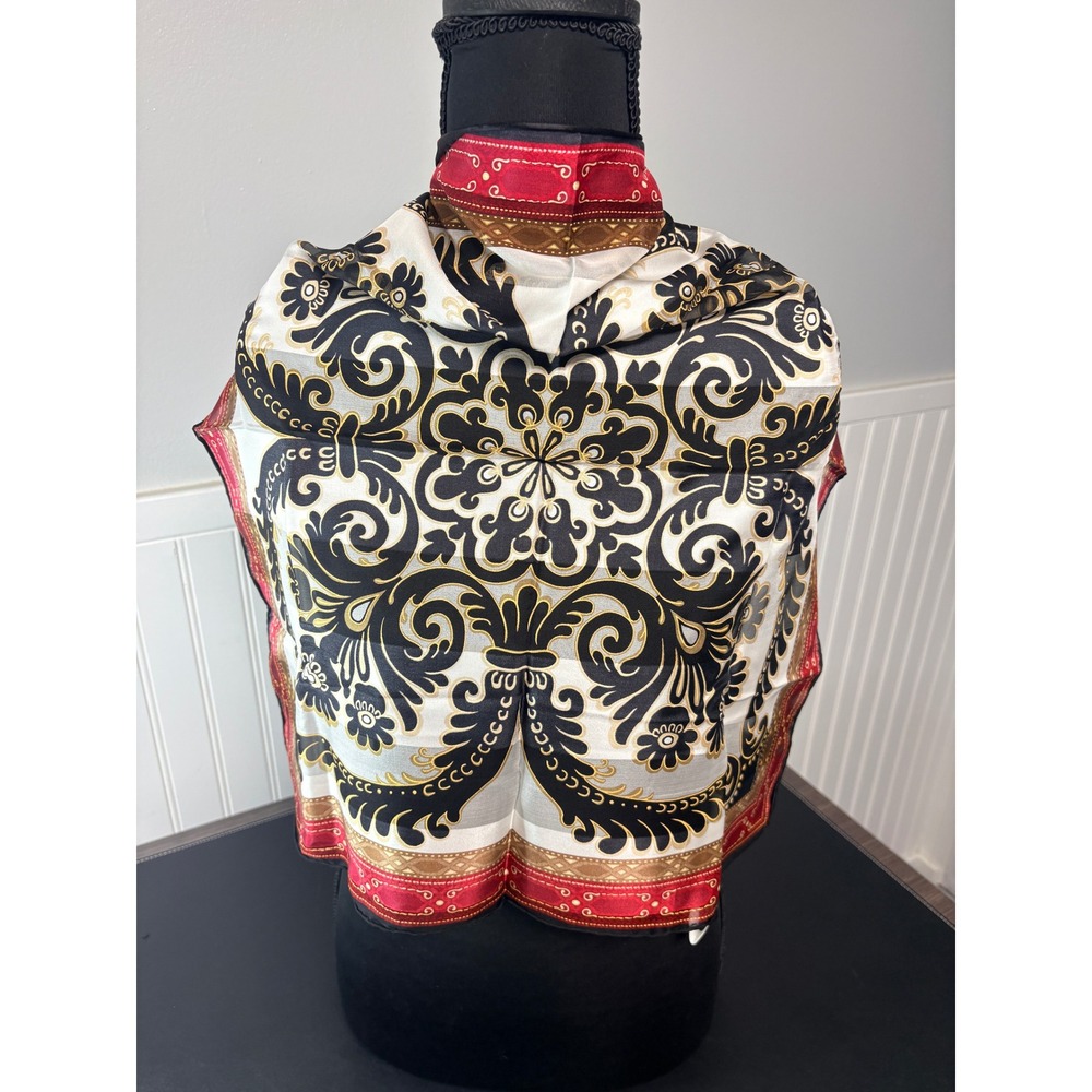 Liz‎ Claiborne Silk Scarf Black Red Gold Baroque Floral Square Neckerchief 20x20